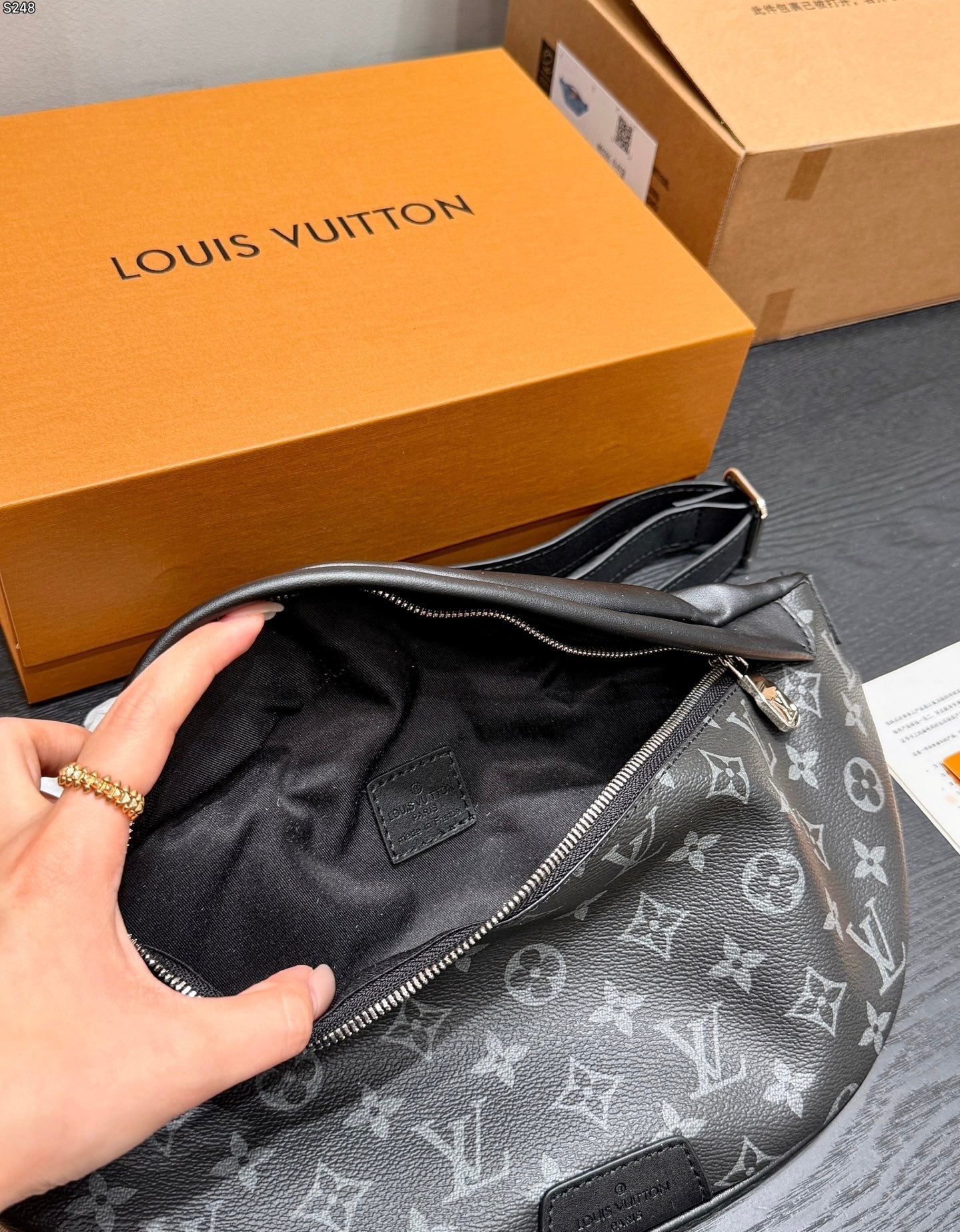LV Bumbag Monogram Eclipse Canvas Crossbody Bag with Black Leather Trim