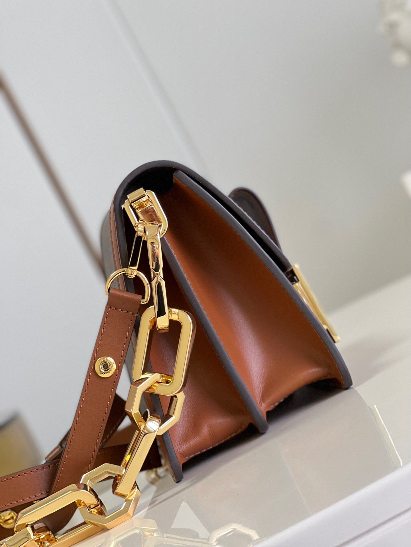 LV Dauphine MM Monogram Reverse Canvas Shoulder Crossbody Bag with Chain Strap and Leather Trim 25 cm