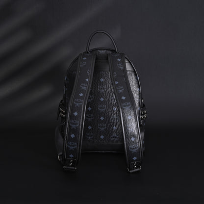 MCM Stark Visetos Medium Backpack – Black Monogram with Studded Detailing