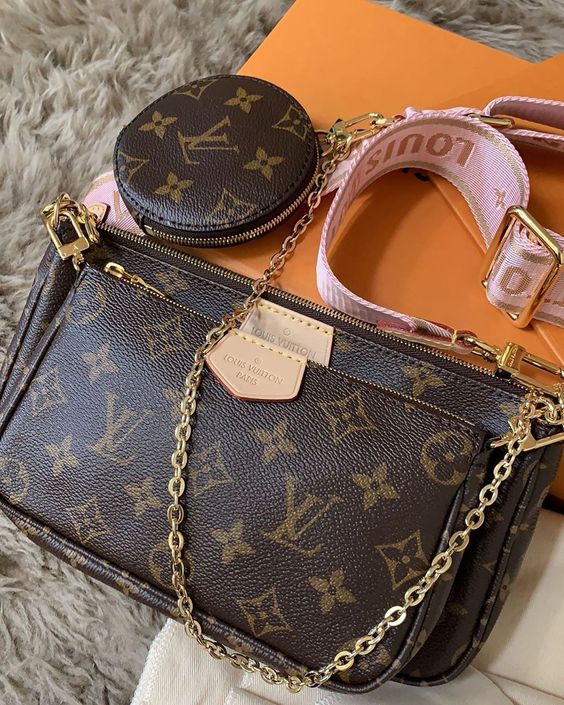 LV Multi Pochette Accessoires Monogram Canvas Crossbody Shoulder Bag with Pink Strap and Two Pouches