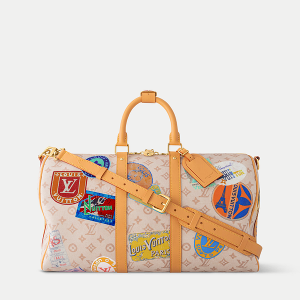 LV Keepall Bandoulière 45 Monogram Dune Canvas Travel Handle Shoulder Bag with Leather Trim and Travel Patches (45 x 27 x 20) cm