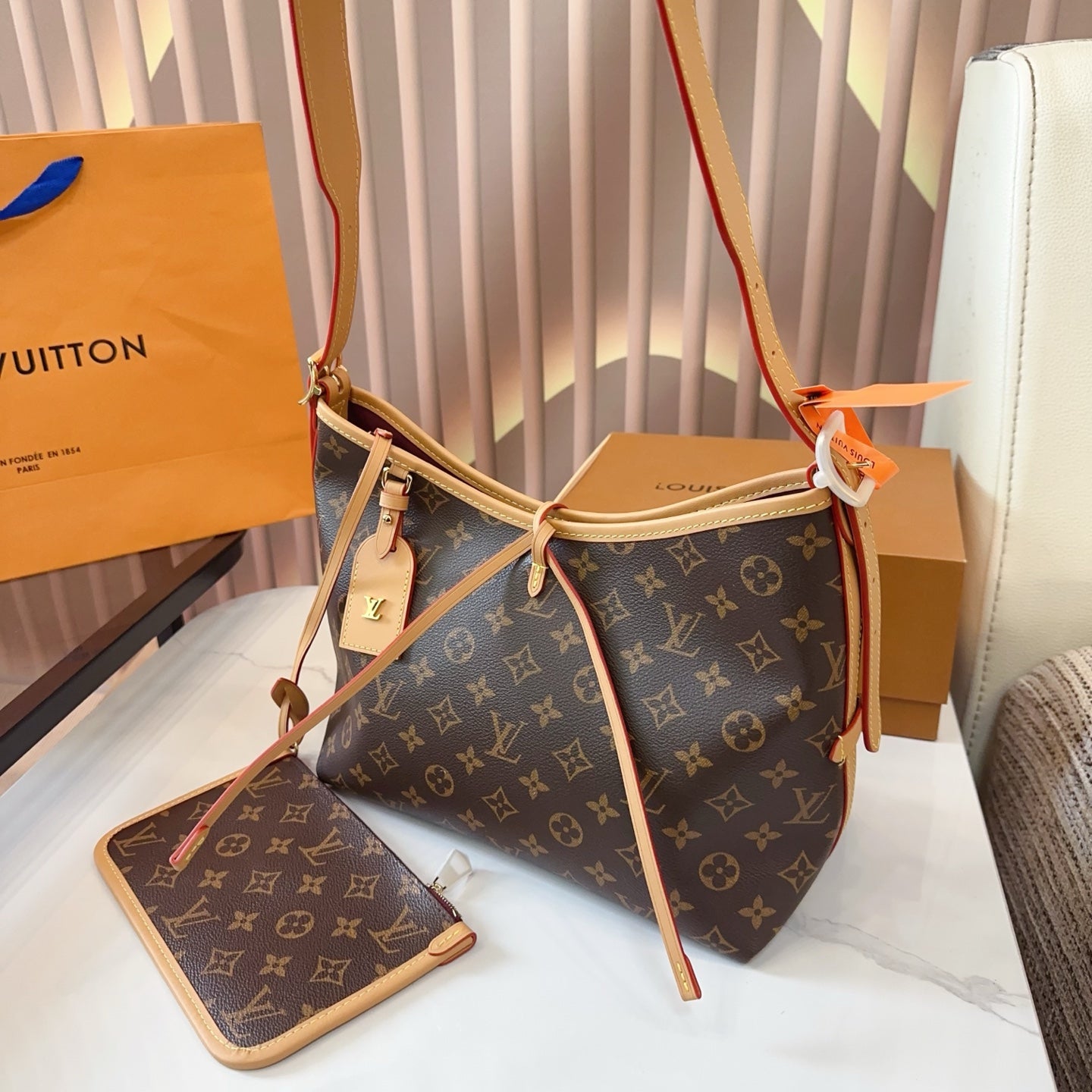 LV CarryAll PM Monogram Canvas Tote Shoulder Bag with Leather Trim and Pouch (29 x 25) cm