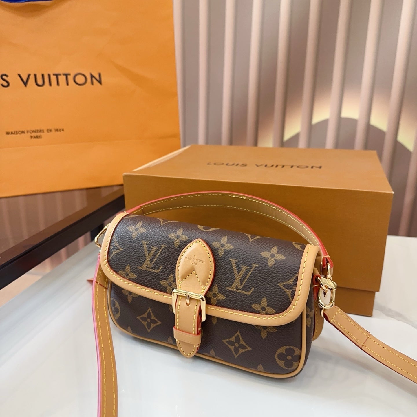 LV Diane PM Monogram Canvas Shoulder Crossbody Bag with Leather Trim and Adjustable Strap (19 x 12) cm
