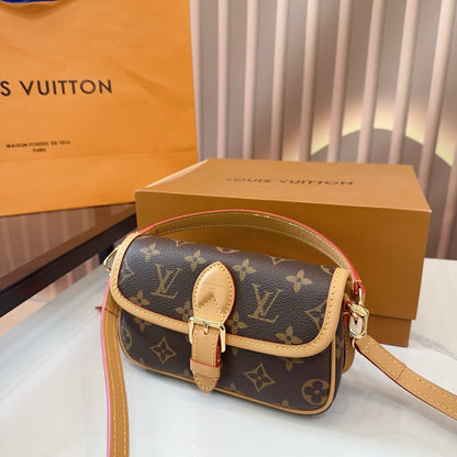 LV Diane PM Monogram Canvas Shoulder Crossbody Bag with Leather Trim and Adjustable Strap (19 x 12) cm