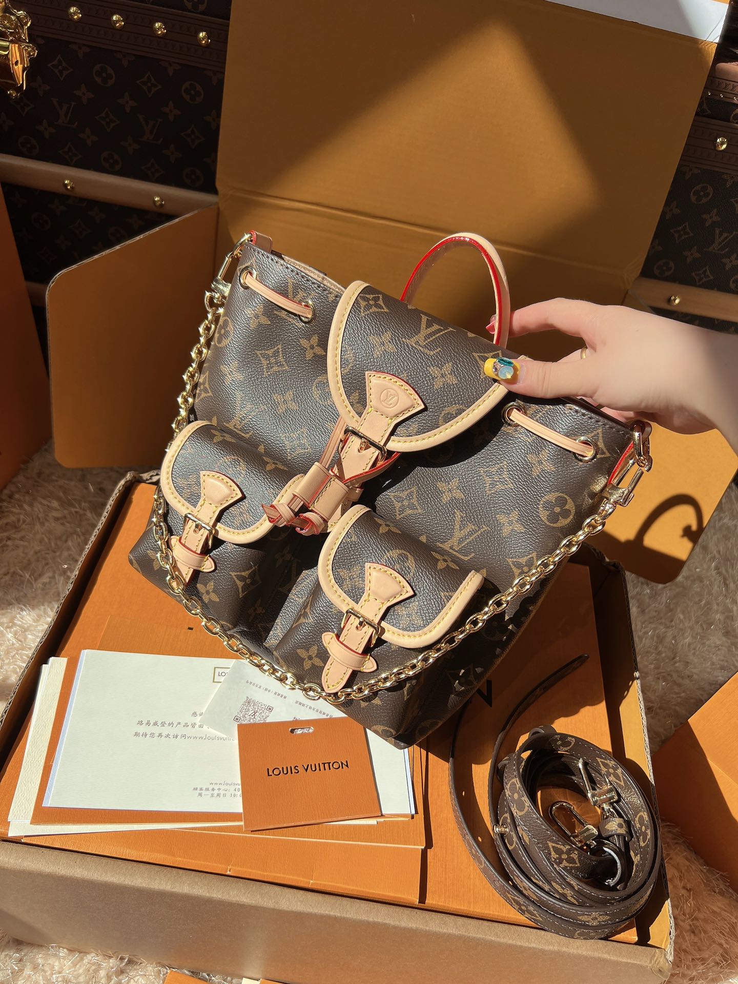 LV Excursion PM Monogram Canvas Backpack Shoulder Bag with Leather Trim and Drawstring Closure (21 x 23 x 10) cm