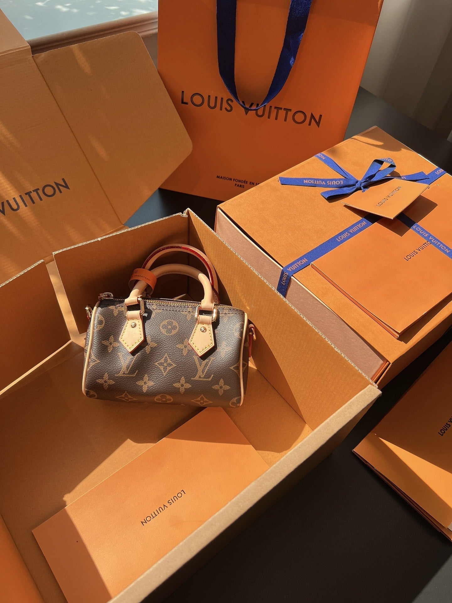 LV Speedy Nano Monogram Canvas Handle Crossbody Bag with Leather Trim and Adjustable Strap 16 cm