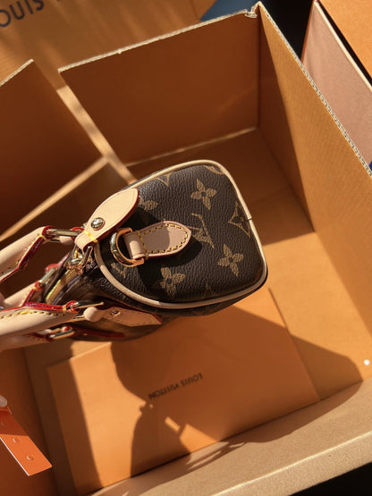 LV Speedy Nano Monogram Canvas Handle Crossbody Bag with Leather Trim and Adjustable Strap 16 cm