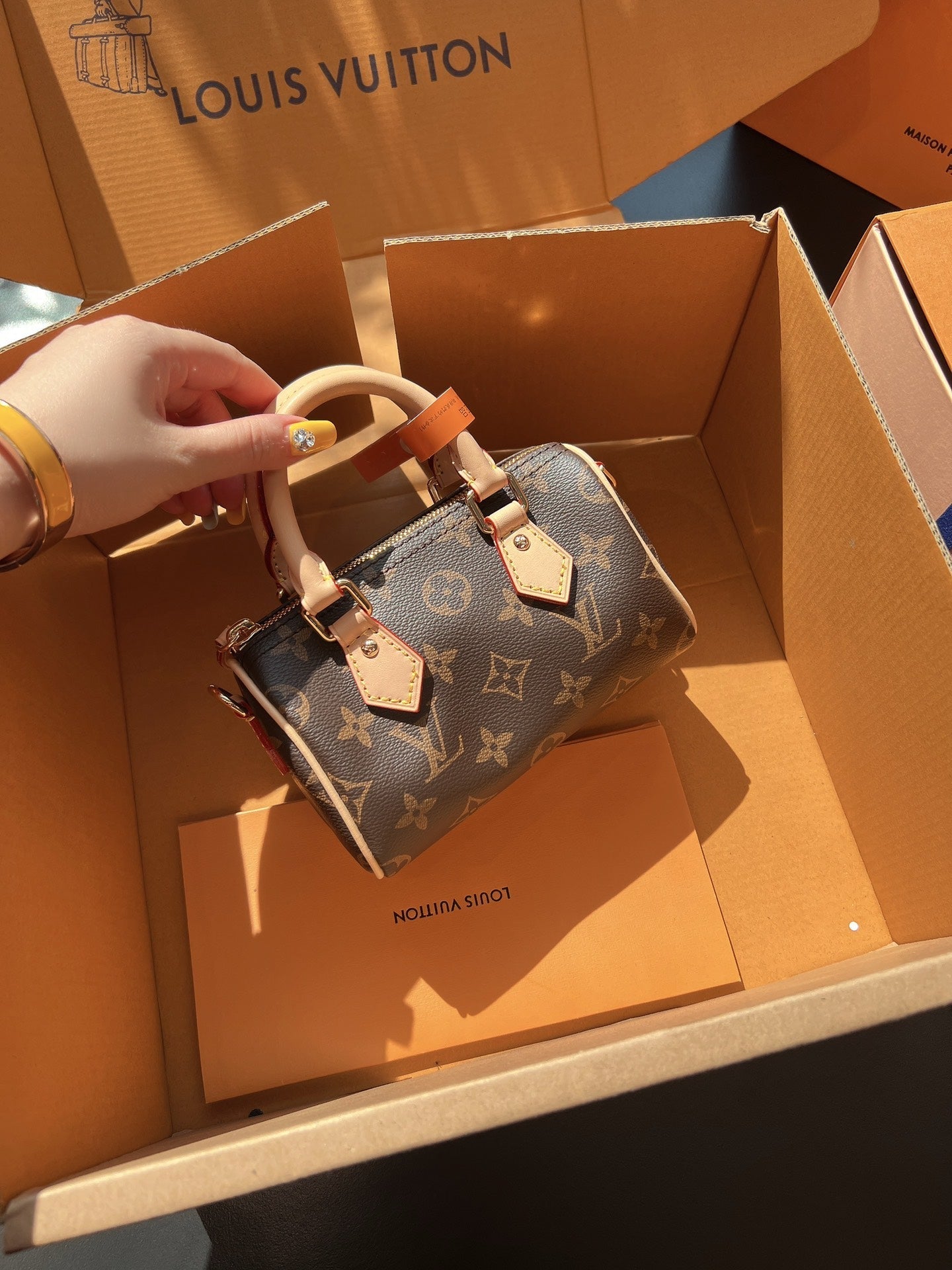 LV Speedy Nano Monogram Canvas Handle Crossbody Bag with Leather Trim and Adjustable Strap 16 cm