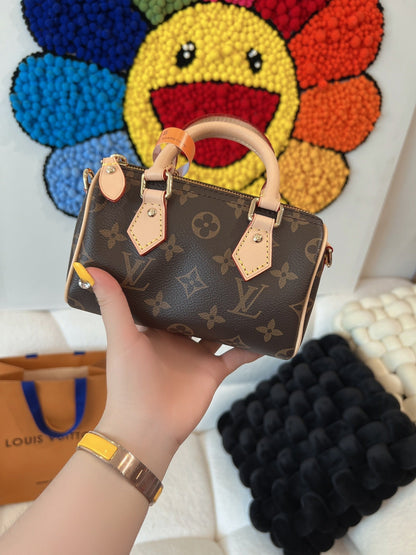 LV Speedy Nano Monogram Canvas Handle Crossbody Bag with Leather Trim and Adjustable Strap 16 cm