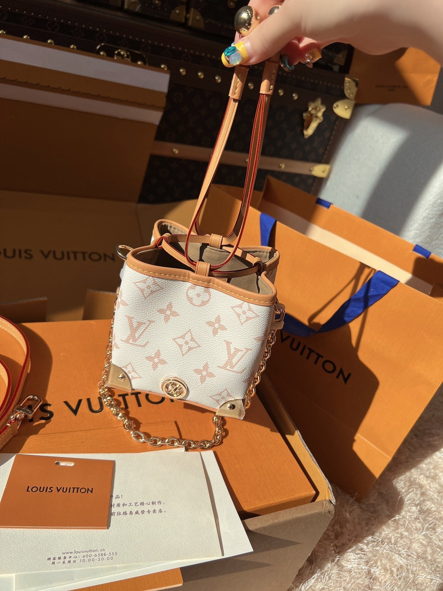 LV Nano Noé Monogram Canvas Mini Bucket Shoulder Bag with Chain Strap and Leather Trim (11.5 x 12 x 11.5) cm