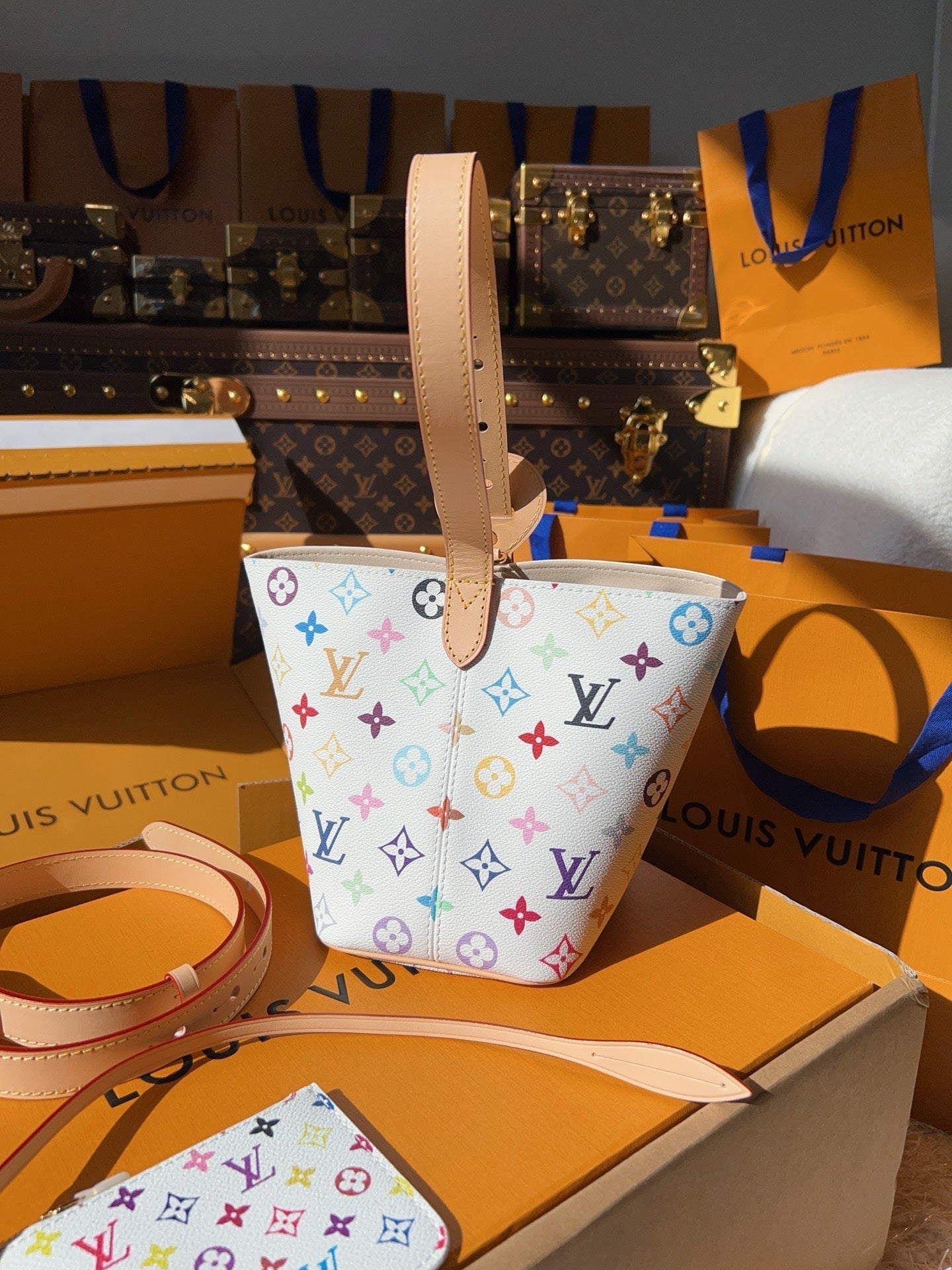 LV Neverfull MM Multicolor Monogram Canvas Tote Handle Bag with Leather Trim and Pouch (16 x 18 x 12) cm