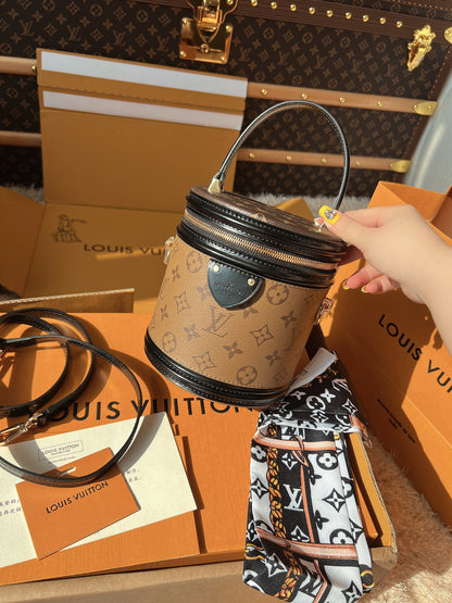 LV Cannes Monogram Reverse Canvas Round Top Handle Bag with Leather Trim and Shoulder Strap (17 x 15 x 17) cm