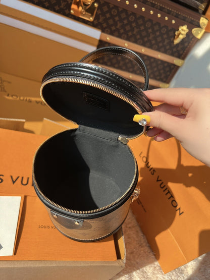 LV Cannes Monogram Reverse Canvas Round Top Handle Bag with Leather Trim and Shoulder Strap (17 x 15 x 17) cm