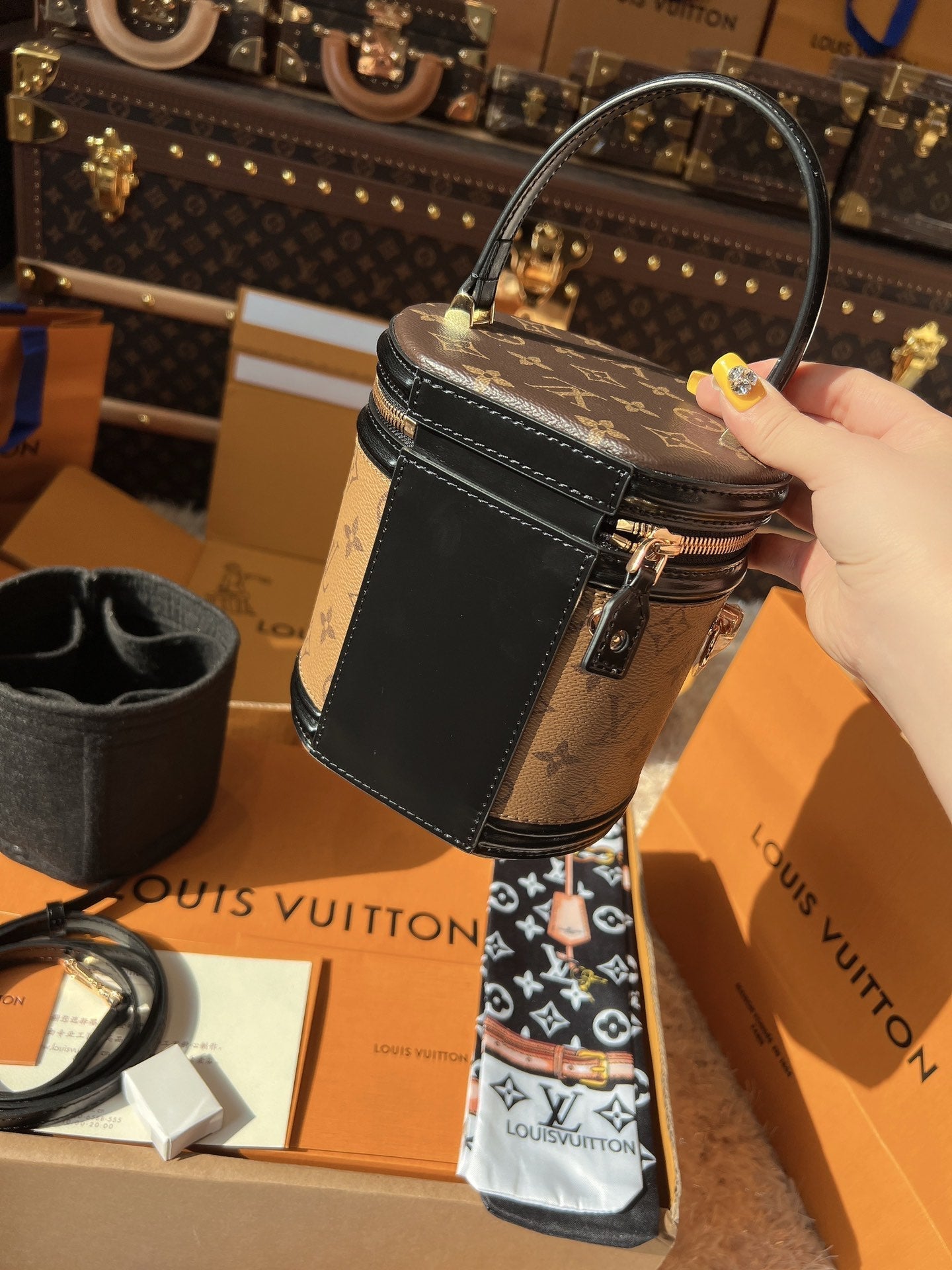 LV Cannes Monogram Reverse Canvas Round Top Handle Bag with Leather Trim and Shoulder Strap (17 x 15 x 17) cm