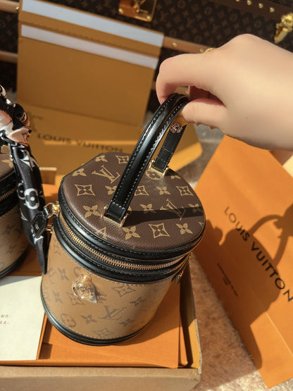 LV Cannes Monogram Reverse Canvas Round Top Handle Bag with Leather Trim and Shoulder Strap (17 x 15 x 17) cm