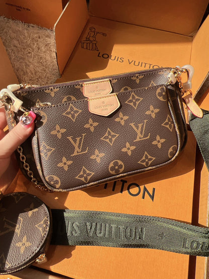 LV Multi Pochette Accessoires Monogram Canvas Crossbody Shoulder Bag with Two Pouches and Round Coin Purse (24 x 13 x 4.5) cm