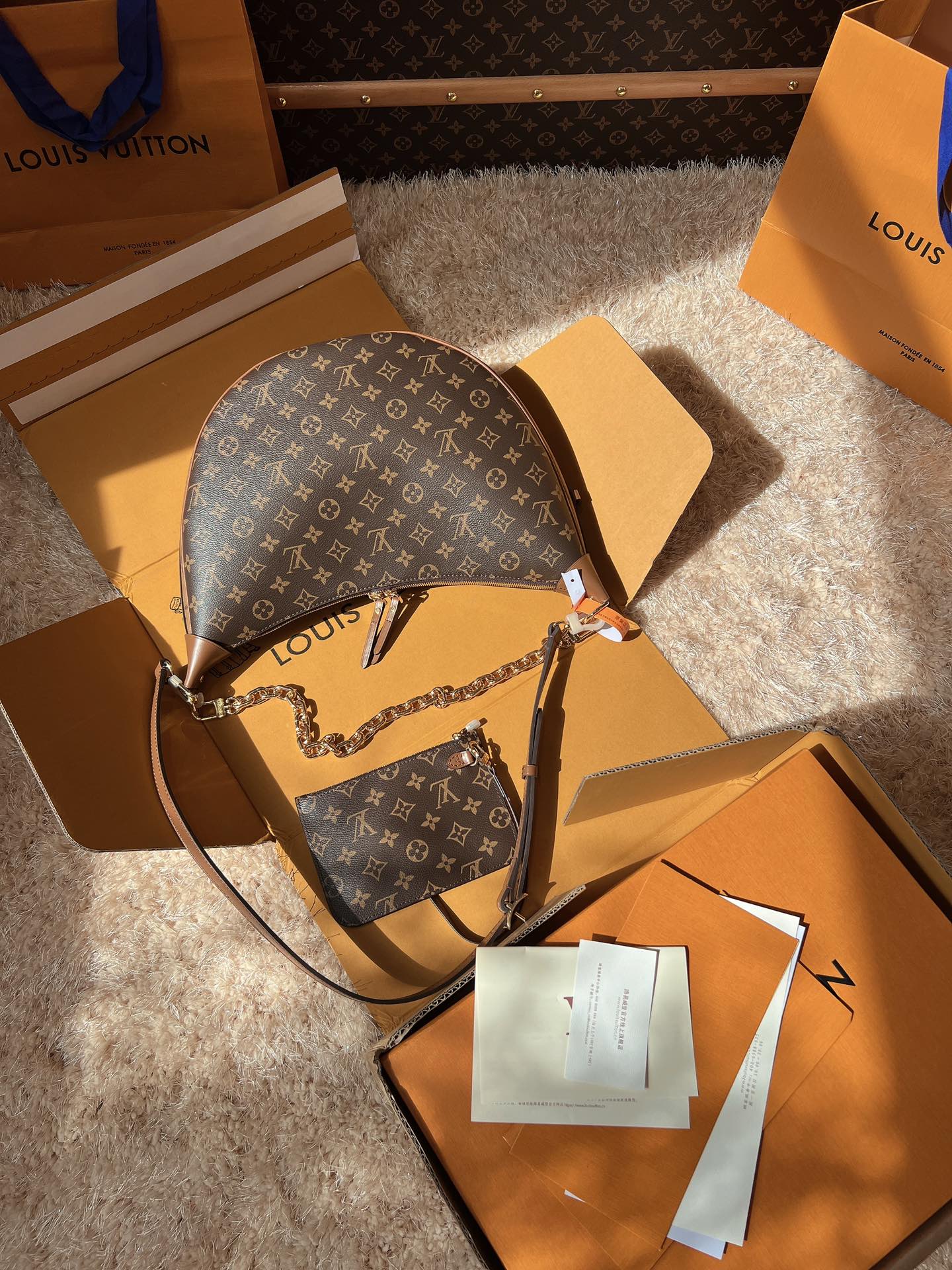 LV Loop Monogram Canvas Hobo Shoulder Crossbody Bag with Chain Detail (38 x 26 x 10) cm