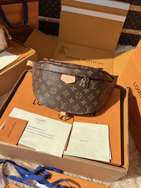 LV Bumbag Monogram Canvas Crossbody Belt Bag with Leather Trim and Adjustable Strap (37 x 14 x 13) cm