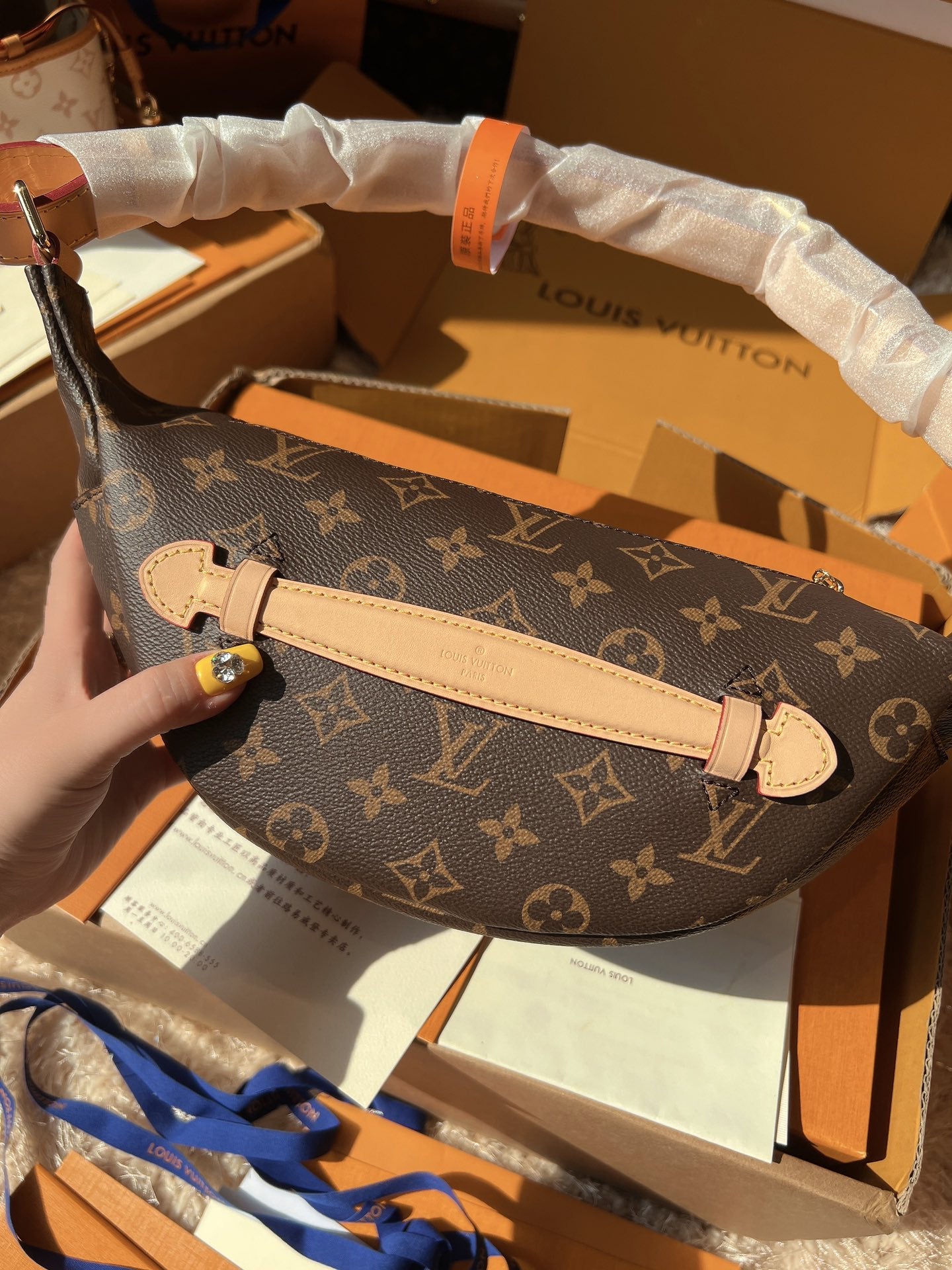 LV Bumbag Monogram Canvas Crossbody Belt Bag with Leather Trim and Adjustable Strap (37 x 14 x 13) cm