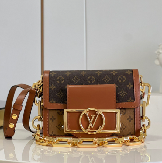 LV Dauphine MM Monogram Reverse Canvas Shoulder Crossbody Bag with Chain Strap and Leather Trim 25 cm
