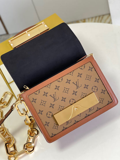 LV Dauphine MM Monogram Reverse Canvas Shoulder Crossbody Bag with Chain Strap and Leather Trim 25 cm