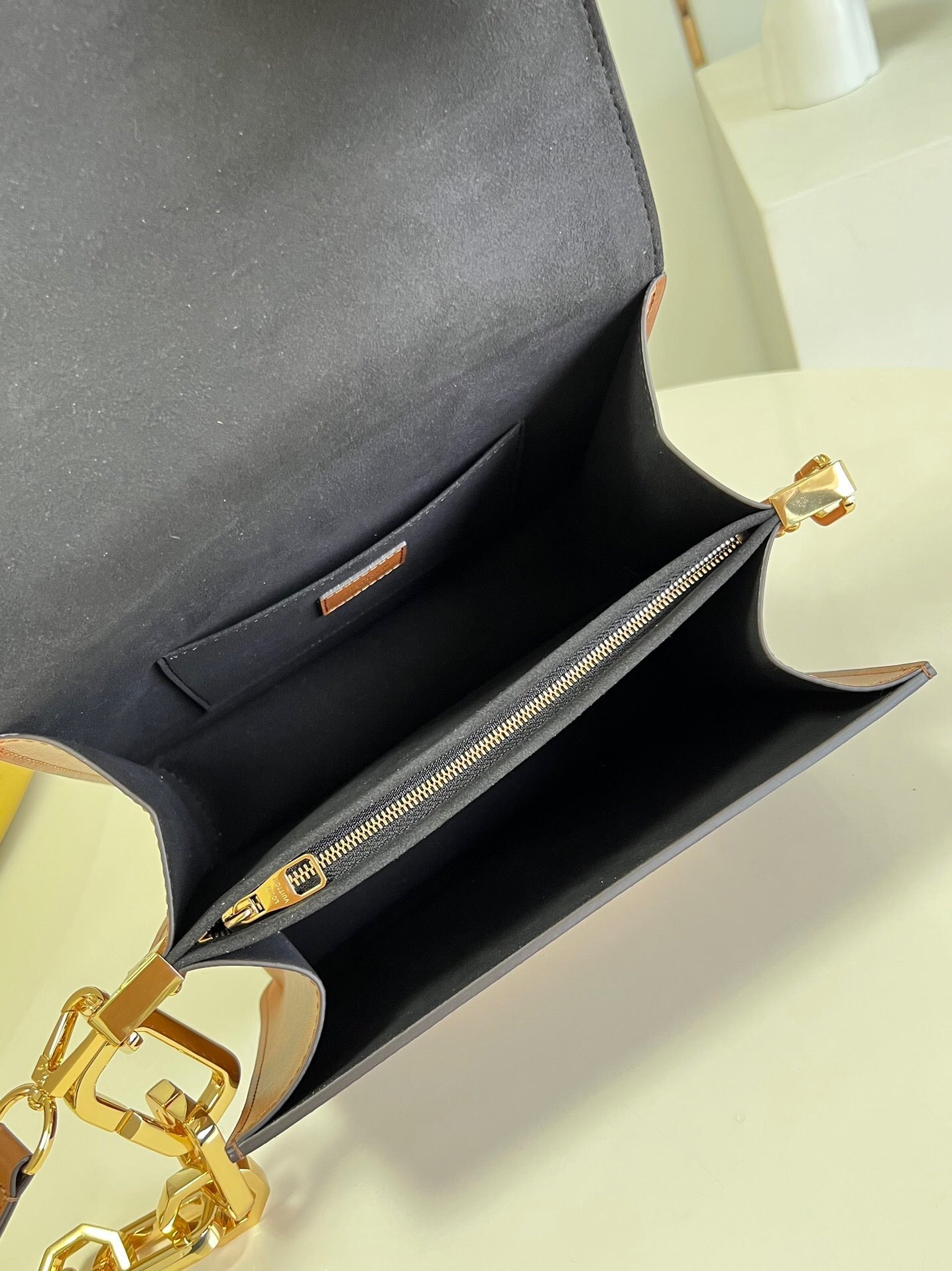 LV Dauphine MM Monogram Reverse Canvas Shoulder Crossbody Bag with Chain Strap and Leather Trim 25 cm