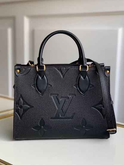 LV OnTheGo PM Monogram Empreinte Leather Tote Handle Bag with Black Leather Trim