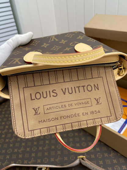 LV Neverfull MM Monogram Canvas Tote Shoulder Bag with Leather Trim and Pouch