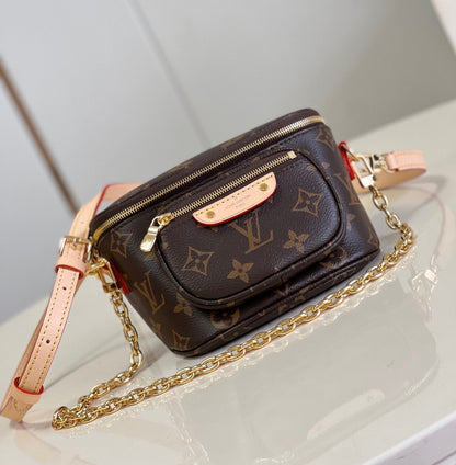 LV Mini Bumbag Monogram Canvas Crossbody Belt Bag with Chain Strap and Leather Trim (17 x 12 x 9.5) cm