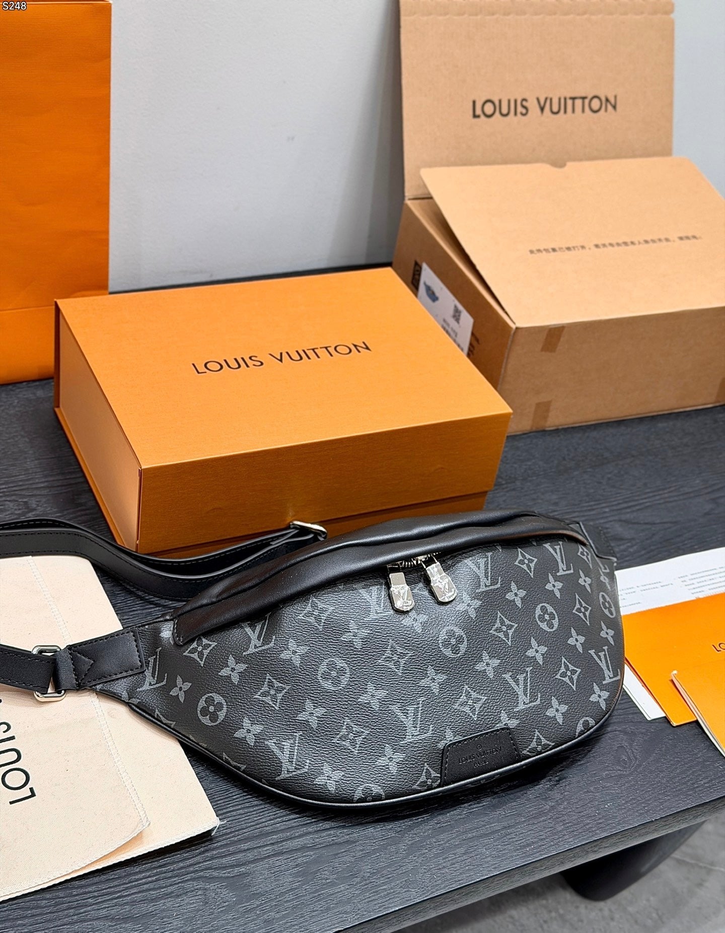 LV Bumbag Monogram Eclipse Canvas Crossbody Bag with Black Leather Trim