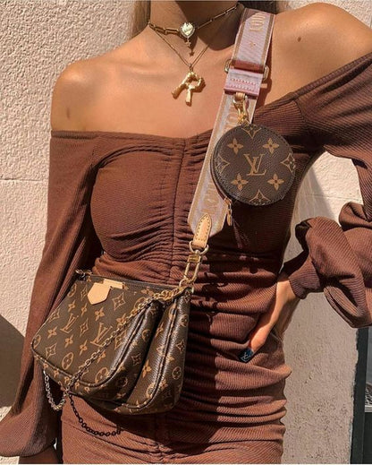 LV Multi Pochette Accessoires Monogram Canvas Crossbody Shoulder Bag with Pink Strap and Two Pouches