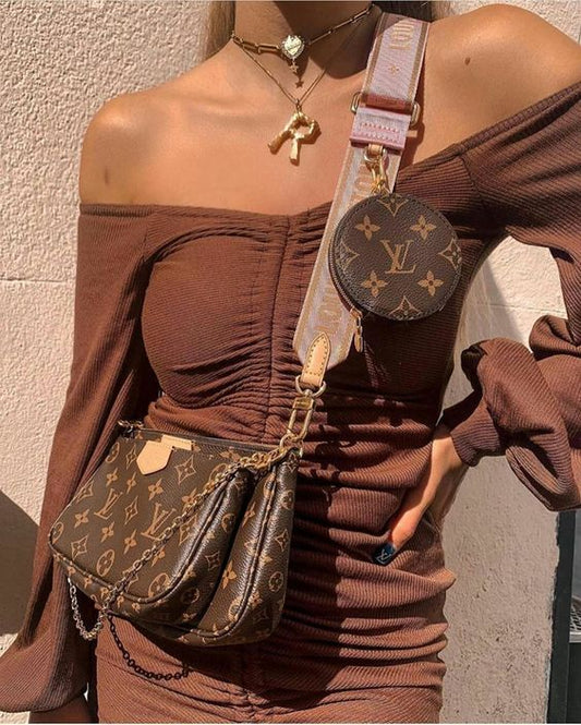 LV Multi Pochette Accessoires Monogram Canvas Crossbody Shoulder Bag with Pink Strap and Two Pouches