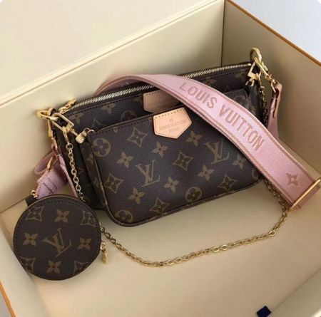 LV Multi Pochette Accessoires Monogram Canvas Crossbody Shoulder Bag with Pink Strap and Two Pouches