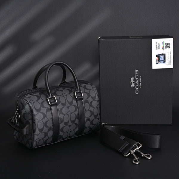 Coach Signature Duffel Bag – Black Monogram Canvas with Leather Trim