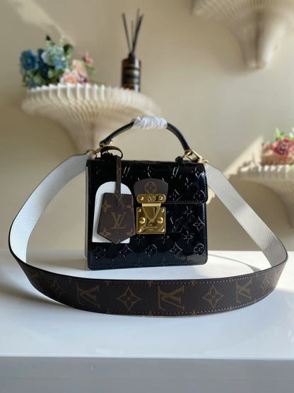 LV Spring Street NM Monogram Vernis Leather Handle Crossbody Bag with Top Handle and Removable Strap