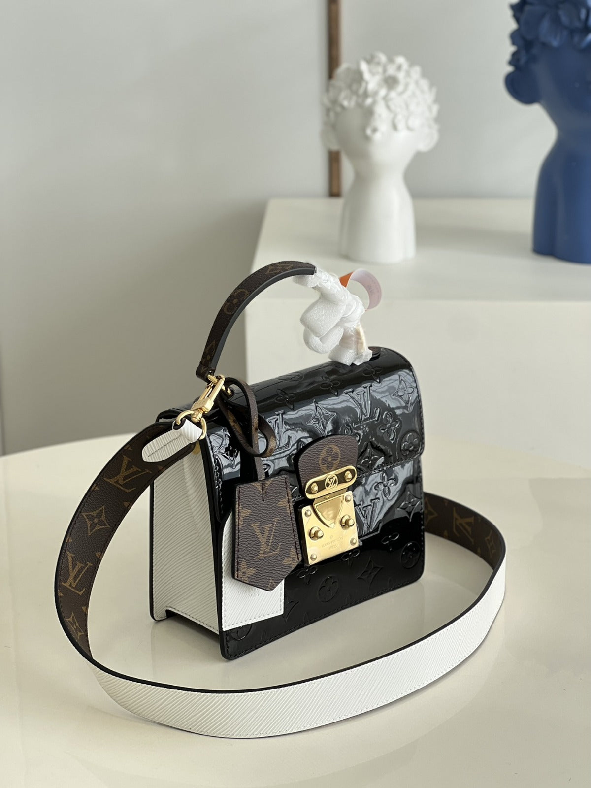 LV Spring Street NM Monogram Vernis Leather Handle Crossbody Bag with Top Handle and Removable Strap