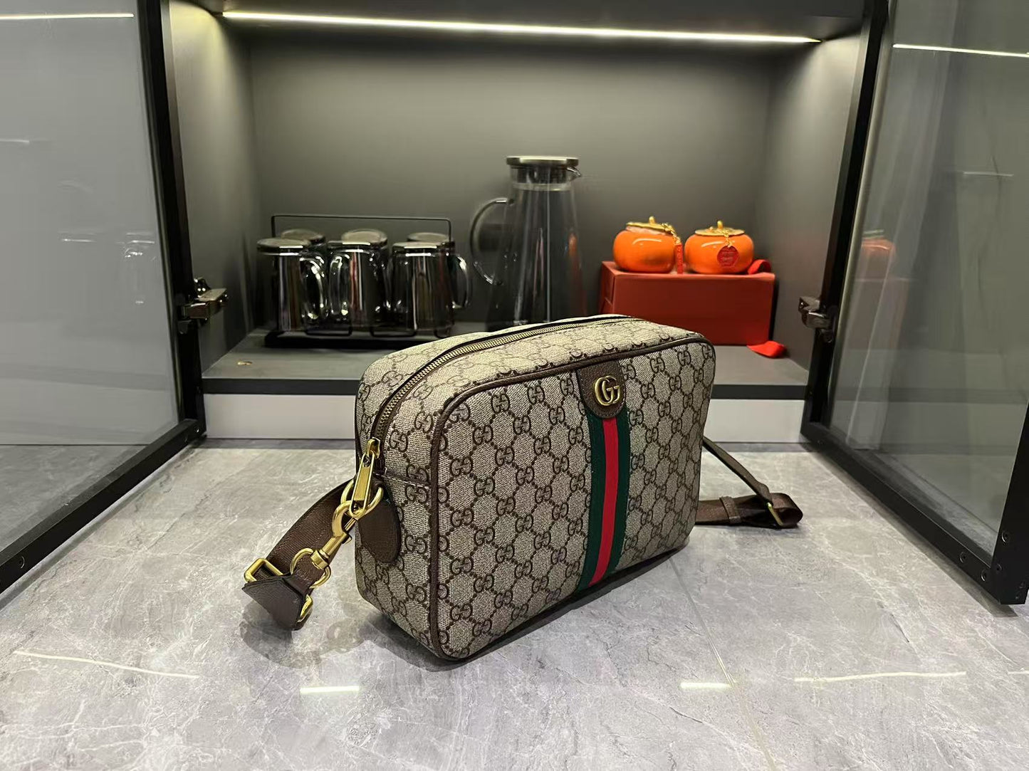 Gucci Ophidia Medium GG Supreme Canvas Shoulder Crossbody Bag with Web Stripe and Leather Trim (23.9 x 15 x 3.8) cm