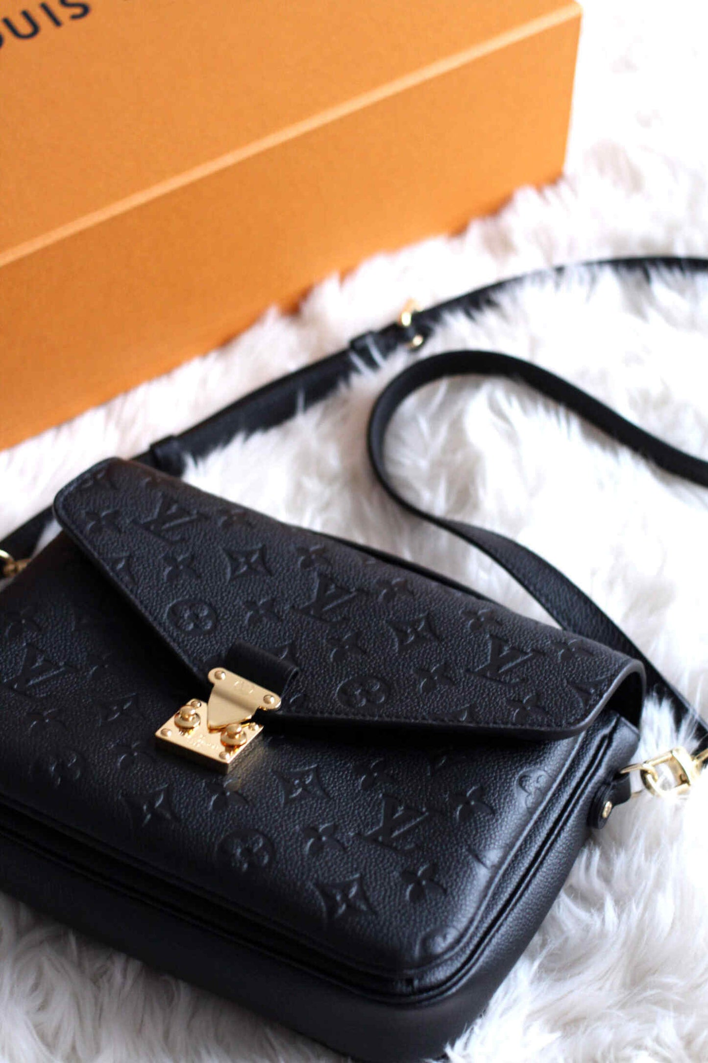 LV Pochette Métis Monogram Empreinte Leather Handle Crossbody Bag with Navy Blue Leather Trim