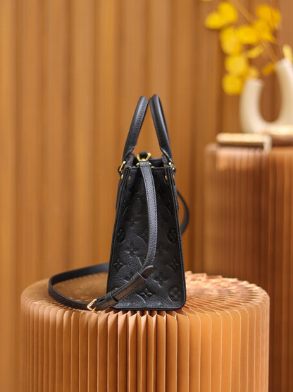 LV OnTheGo PM Monogram Empreinte Leather Tote Handle Bag with Black Leather Trim