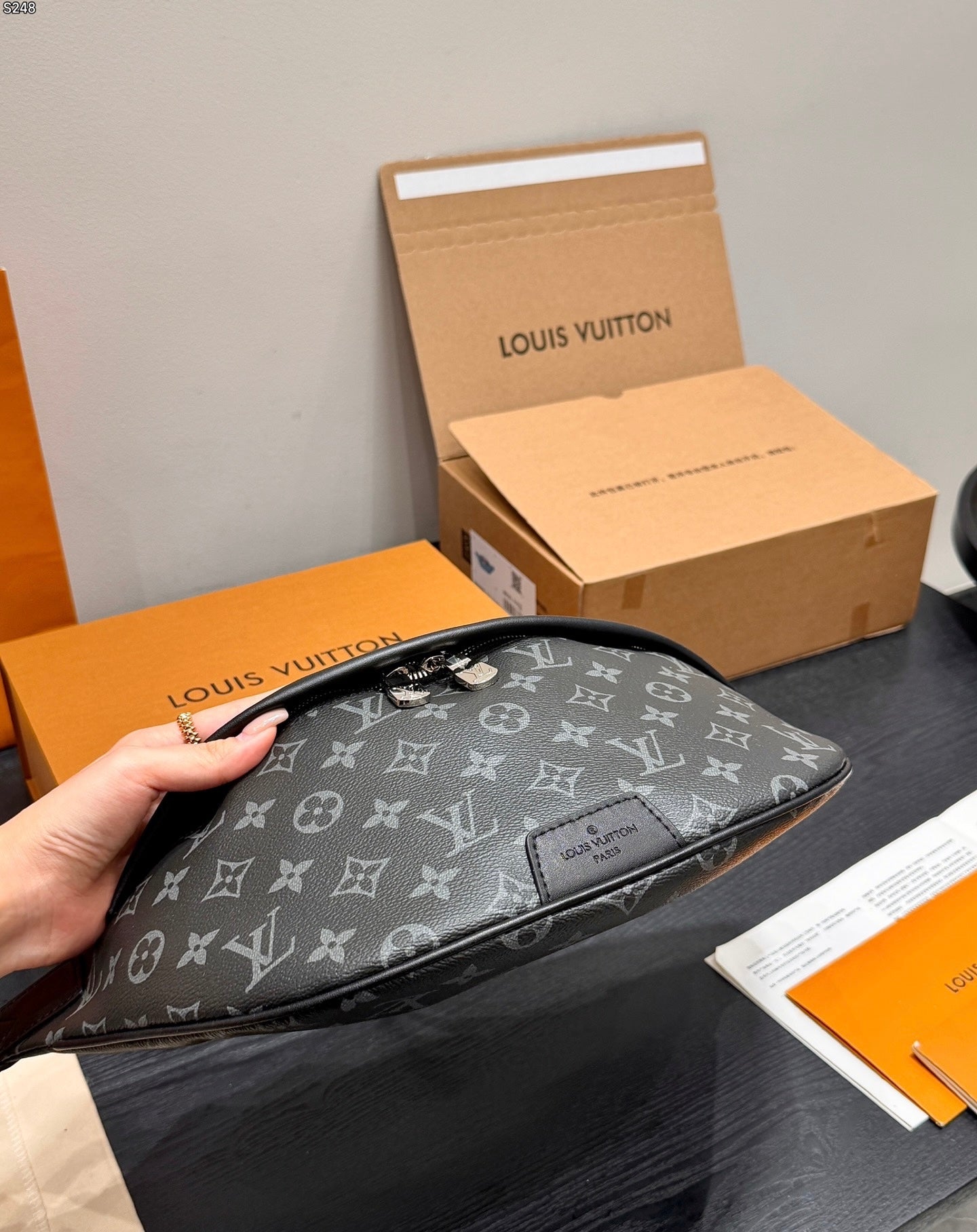 LV Bumbag Monogram Eclipse Canvas Crossbody Bag with Black Leather Trim