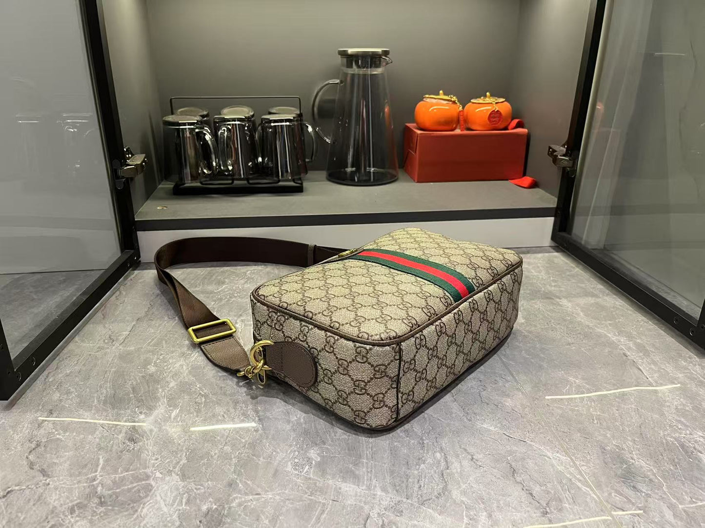 Gucci Ophidia Medium GG Supreme Canvas Shoulder Crossbody Bag with Web Stripe and Leather Trim (23.9 x 15 x 3.8) cm