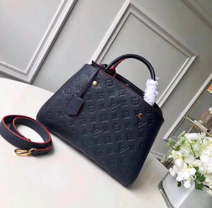 LV Montaigne MM Monogram Empreinte Leather Handle Shoulder Bag with Navy Blue Leather Trim and Shoulder Strap