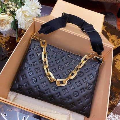 LV Coussin MM Monogram Empreinte Leather Shoulder Crossbody Bag with Black Quilted Exterior and Gold Chain Strap