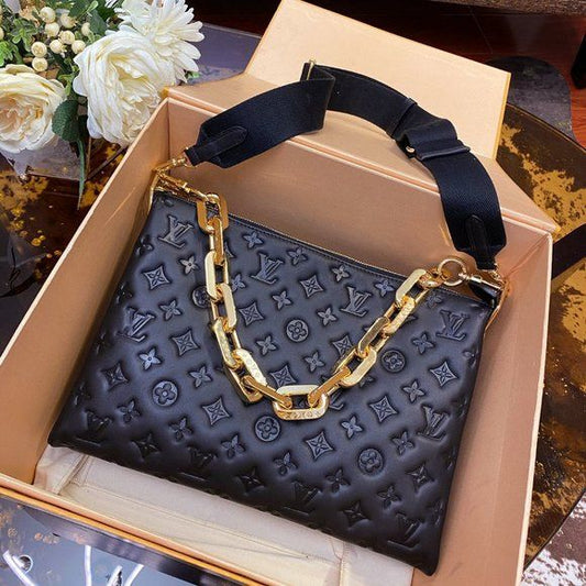 LV Coussin MM Monogram Empreinte Leather Shoulder Crossbody Bag with Black Quilted Exterior and Gold Chain Strap