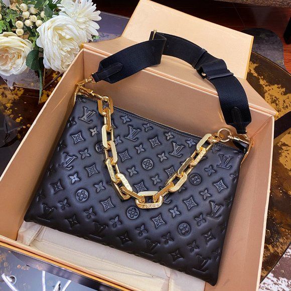 LV Coussin MM Monogram Empreinte Leather Shoulder Crossbody Bag with Black Quilted Exterior and Gold Chain Strap